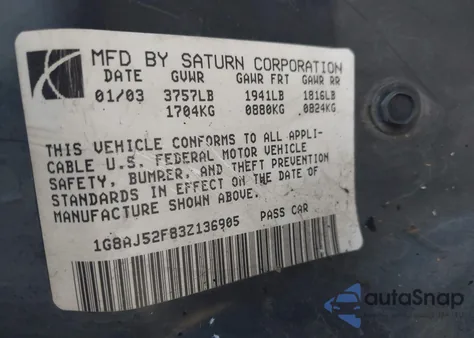 2003 Saturn Ion 2 z USA, uszkodzony, nr VIN 1G8AJ52F83Z136905